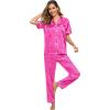 image:imageSWOMOG Women Satin Pajamas Set Short Sleeve Top amp Pants Sleepwear Silky Button Down Nightwear 2pcs Loungewear Pjs SetHot Pink Leopard