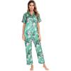 image:imageSWOMOG Women Satin Pajamas Set Short Sleeve Top amp Pants Sleepwear Silky Button Down Nightwear 2pcs Loungewear Pjs SetPink Leaves