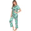 image:imageSWOMOG Women Satin Pajamas Set Short Sleeve Top amp Pants Sleepwear Silky Button Down Nightwear 2pcs Loungewear Pjs SetPink Leaves