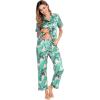 image:imageSWOMOG Women Satin Pajamas Set Short Sleeve Top amp Pants Sleepwear Silky Button Down Nightwear 2pcs Loungewear Pjs SetPink Leaves
