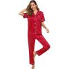 image:imageSWOMOG Women Satin Pajamas Set Short Sleeve Top amp Pants Sleepwear Silky Button Down Nightwear 2pcs Loungewear Pjs SetRed
