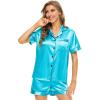 image:imageSWOMOG Womens Silk Satin Pajamas Set Short Sleeve Sleepwear Button Down Top and Shorts Loungewear 2 Piece Pjs Set XS3XLCyan