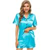 image:imageSWOMOG Womens Silk Satin Pajamas Set Short Sleeve Sleepwear Button Down Top and Shorts Loungewear 2 Piece Pjs Set XS3XLCyan