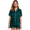 image:imageSWOMOG Womens Silk Satin Pajamas Set Short Sleeve Sleepwear Button Down Top and Shorts Loungewear 2 Piece Pjs Set XS3XLDeep Green With White Piping