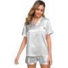 image:imageSWOMOG Womens Silk Satin Pajamas Set Short Sleeve Sleepwear Button Down Top and Shorts Loungewear 2 Piece Pjs Set XS3XLGrey Solid