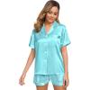 image:imageSWOMOG Womens Silk Satin Pajamas Set Short Sleeve Sleepwear Button Down Top and Shorts Loungewear 2 Piece Pjs Set XS3XLLake Blue
