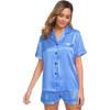 image:imageSWOMOG Womens Silk Satin Pajamas Set Short Sleeve Sleepwear Button Down Top and Shorts Loungewear 2 Piece Pjs Set XS3XLMarina Blue