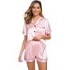 image:imageSWOMOG Womens Silk Satin Pajamas Set Short Sleeve Sleepwear Button Down Top and Shorts Loungewear 2 Piece Pjs Set XS3XLPink