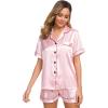 image:imageSWOMOG Womens Silk Satin Pajamas Set Short Sleeve Sleepwear Button Down Top and Shorts Loungewear 2 Piece Pjs Set XS3XLPink