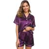 image:imageSWOMOG Womens Silk Satin Pajamas Set Short Sleeve Sleepwear Button Down Top and Shorts Loungewear 2 Piece Pjs Set XS3XLPurple