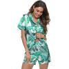 image:imageSWOMOG Womens Silk Satin Pajamas Set Short Sleeve Sleepwear Button Down Top and Shorts Loungewear 2 Piece Pjs Set XS3XLWhite Leaves