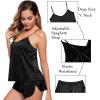 image:imageSWOMOG Womens Silk Satin Pajamas Sets 4pcs Sleepwear Sexy Cami Shorts Set and Button Down Short Sleeve Pjs LoungewearBlack
