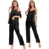 image:imageSWOMOG Womens Silk Satin Pajamas Sets 4pcs Sleepwear Sexy Cami Shorts Set and Button Down Short Sleeve Pjs LoungewearBlack