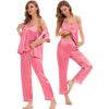 image:imageSWOMOG Womens Silk Satin Pajamas Sets 4pcs Sleepwear Sexy Cami Shorts Set and Button Down Short Sleeve Pjs LoungewearCoral Red