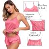 image:imageSWOMOG Womens Silk Satin Pajamas Sets 4pcs Sleepwear Sexy Cami Shorts Set and Button Down Short Sleeve Pjs LoungewearCoral Red