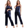 image:imageSWOMOG Womens Silk Satin Pajamas Sets 4pcs Sleepwear Sexy Cami Shorts Set and Button Down Short Sleeve Pjs LoungewearDeep Navy Blue