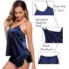 image:imageSWOMOG Womens Silk Satin Pajamas Sets 4pcs Sleepwear Sexy Cami Shorts Set and Button Down Short Sleeve Pjs LoungewearDeep Navy Blue