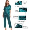 image:imageSWOMOG Womens Silk Satin Pajamas Sets 4pcs Sleepwear Sexy Cami Shorts Set and Button Down Short Sleeve Pjs LoungewearGreen