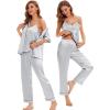image:imageSWOMOG Womens Silk Satin Pajamas Sets 4pcs Sleepwear Sexy Cami Shorts Set and Button Down Short Sleeve Pjs LoungewearGrey