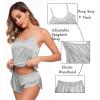 image:imageSWOMOG Womens Silk Satin Pajamas Sets 4pcs Sleepwear Sexy Cami Shorts Set and Button Down Short Sleeve Pjs LoungewearGrey
