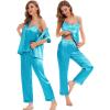 image:imageSWOMOG Womens Silk Satin Pajamas Sets 4pcs Sleepwear Sexy Cami Shorts Set and Button Down Short Sleeve Pjs LoungewearLight Blue