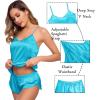 image:imageSWOMOG Womens Silk Satin Pajamas Sets 4pcs Sleepwear Sexy Cami Shorts Set and Button Down Short Sleeve Pjs LoungewearLight Blue