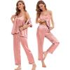 image:imageSWOMOG Womens Silk Satin Pajamas Sets 4pcs Sleepwear Sexy Cami Shorts Set and Button Down Short Sleeve Pjs LoungewearMisty Rose