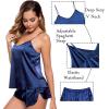 image:imageSWOMOG Womens Silk Satin Pajamas Sets 4pcs Sleepwear Sexy Cami Shorts Set and Button Down Short Sleeve Pjs LoungewearNavy Blue