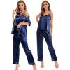 image:imageSWOMOG Womens Silk Satin Pajamas Sets 4pcs Sleepwear Sexy Cami Shorts Set and Button Down Short Sleeve Pjs LoungewearNavy Blue