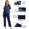 image:imageSWOMOG Womens Silk Satin Pajamas Sets 4pcs Sleepwear Sexy Cami Shorts Set and Button Down Short Sleeve Pjs LoungewearNavy Blue