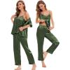 image:imageSWOMOG Womens Silk Satin Pajamas Sets 4pcs Sleepwear Sexy Cami Shorts Set and Button Down Short Sleeve Pjs LoungewearOlive Green