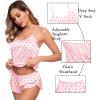 image:imageSWOMOG Womens Silk Satin Pajamas Sets 4pcs Sleepwear Sexy Cami Shorts Set and Button Down Short Sleeve Pjs LoungewearPink Dots
