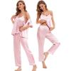 image:imageSWOMOG Womens Silk Satin Pajamas Sets 4pcs Sleepwear Sexy Cami Shorts Set and Button Down Short Sleeve Pjs LoungewearPink White Piping