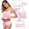 image:imageSWOMOG Womens Silk Satin Pajamas Sets 4pcs Sleepwear Sexy Cami Shorts Set and Button Down Short Sleeve Pjs LoungewearPink White Piping