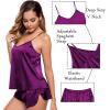 image:imageSWOMOG Womens Silk Satin Pajamas Sets 4pcs Sleepwear Sexy Cami Shorts Set and Button Down Short Sleeve Pjs LoungewearPurple