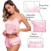 image:imageSWOMOG Womens Silk Satin Pajamas Sets 4pcs Sleepwear Sexy Cami Shorts Set and Button Down Short Sleeve Pjs LoungewearRose Pink