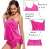 image:imageSWOMOG Womens Silk Satin Pajamas Sets 4pcs Sleepwear Sexy Cami Shorts Set and Button Down Short Sleeve Pjs LoungewearRose Red With Black Piping