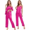 image:imageSWOMOG Womens Silk Satin Pajamas Sets 4pcs Sleepwear Sexy Cami Shorts Set and Button Down Short Sleeve Pjs LoungewearRose Red With Black Piping
