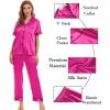 image:imageSWOMOG Womens Silk Satin Pajamas Sets 4pcs Sleepwear Sexy Cami Shorts Set and Button Down Short Sleeve Pjs LoungewearRose Red With Black Piping