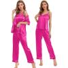 image:imageSWOMOG Womens Silk Satin Pajamas Sets 4pcs Sleepwear Sexy Cami Shorts Set and Button Down Short Sleeve Pjs LoungewearRose Red With White Piping