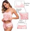 image:imageSWOMOG Womens Silk Satin Pajamas Sets 4pcs Sleepwear Sexy Cami Shorts Set and Button Down Short Sleeve Pjs LoungewearSakura Pink