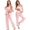 image:imageSWOMOG Womens Silk Satin Pajamas Sets 4pcs Sleepwear Sexy Cami Shorts Set and Button Down Short Sleeve Pjs LoungewearSakura Pink