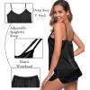 image:imageSWOMOG Womens Silk Satin Pajamas Sets 4pcs Sleepwear Sexy Cami Shorts Set and Button Down Short Sleeve Pjs LoungewearSolid Color Black