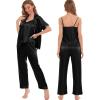 image:imageSWOMOG Womens Silk Satin Pajamas Sets 4pcs Sleepwear Sexy Cami Shorts Set and Button Down Short Sleeve Pjs LoungewearSolid Color Black