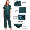 image:imageSWOMOG Womens Silk Satin Pajamas Sets 4pcs Sleepwear Sexy Cami Shorts Set and Button Down Short Sleeve Pjs LoungewearSolid Color Deep Green