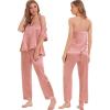 image:imageSWOMOG Womens Silk Satin Pajamas Sets 4pcs Sleepwear Sexy Cami Shorts Set and Button Down Short Sleeve Pjs LoungewearSolid Color Gold Pink