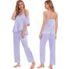 image:imageSWOMOG Womens Silk Satin Pajamas Sets 4pcs Sleepwear Sexy Cami Shorts Set and Button Down Short Sleeve Pjs LoungewearSolid Color Lavender