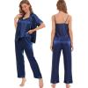 image:imageSWOMOG Womens Silk Satin Pajamas Sets 4pcs Sleepwear Sexy Cami Shorts Set and Button Down Short Sleeve Pjs LoungewearSolid Color Navy Blue