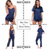 image:imageSWOMOG Womens Silk Satin Pajamas Sets 4pcs Sleepwear Sexy Cami Shorts Set and Button Down Short Sleeve Pjs LoungewearSolid Color Navy Blue
