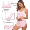 image:imageSWOMOG Womens Silk Satin Pajamas Sets 4pcs Sleepwear Sexy Cami Shorts Set and Button Down Short Sleeve Pjs LoungewearSolid Color Pink